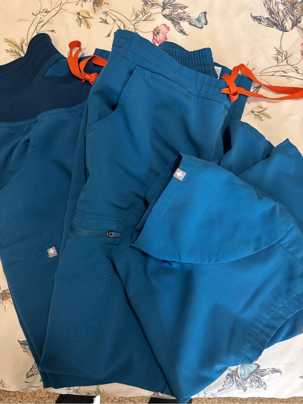 Fig’s women’s Teal Medical Scrub Pants with Orange Drawstring